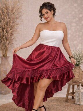 🌸5/$25🌸 | Burgundy Satin Ruffle High-Low Dress